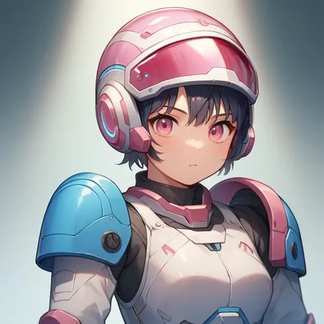 Young woman in a futuristic armored suit, wearing a sleek black helmet with glowing blue neon accents. Her helmet partially reveals her face, showing vibrant pink eyes with a focused expression. The suit is form-fitting, featuring a high-tech design with g...