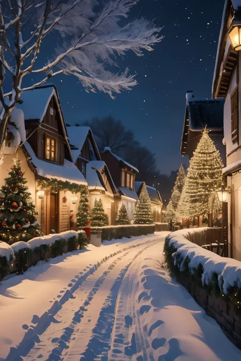 a european village street decorated for christmas, beautiful cityscape with christmas decorations, charming village with christmas lights, snow covered rooftops, cozy atmosphere, warm lighting, festive holiday scene, christmas trees, wreaths, fairy lights,...