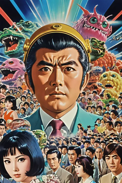 Manga characters, 1970s comic art , 1970s Japanese TV show monster, detailed Digital Paint, bright color, dynamic composition , Dramatic lighting, vintage aesthetics , ( top quality,4K,8k, high definition ,masterpiece:1...