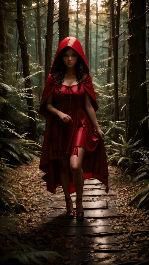 Beautiful Little Red Riding Hood wearing sexy dress in the woods ,  daring night photoshoot with perfect lighting 