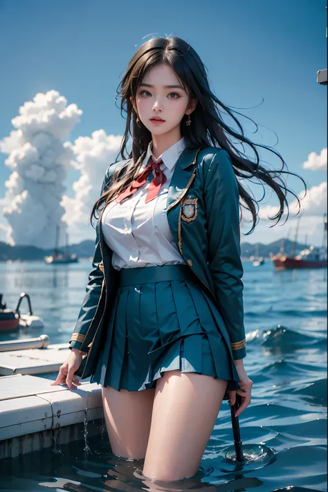 koichoko school uniform, green jacket ((whole body:1.4)), ((From below:1.2)), (realistic:1.4), 1 young woman, ( plump boobs, You can see , Very short skirt ,   Show smooth thighs  ,   correct beautiful legs  ),  beautiful asian woman , Sitting,  Look at th...