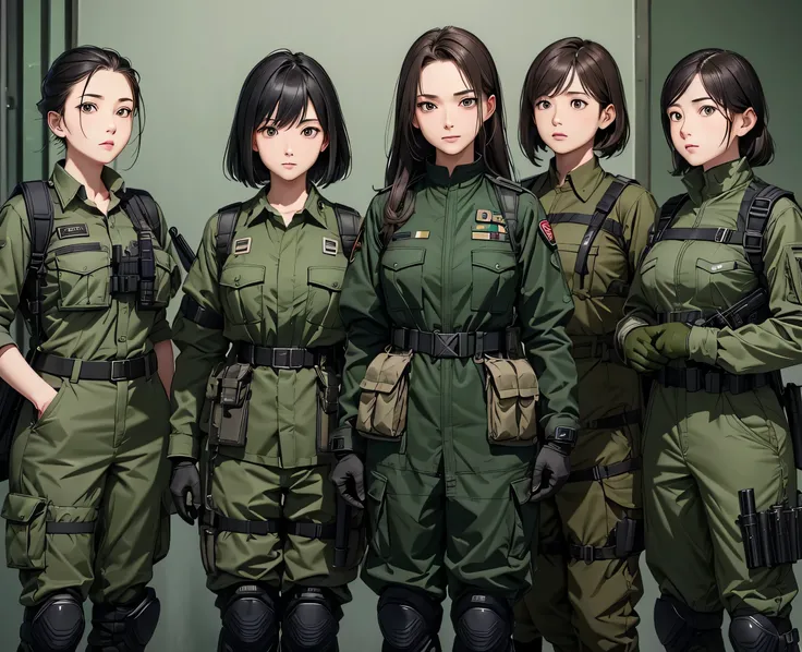  A group of female special forces all wearing dark green military uniforms， wearing tactical helmets 、Goggles、Military suspenders 、Magazine Pouch、Tactical shoulder strap、Military Pants、Knee pads、Gloves、Patrol with guns、Write details、masterpiece、  Best Qual...