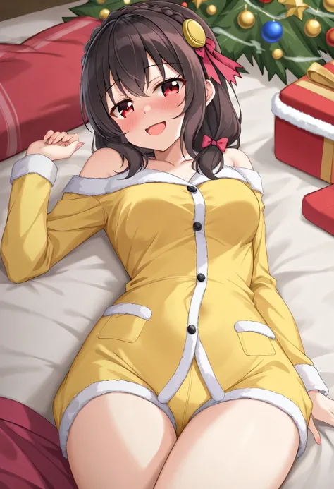 yunyun、masterpiece, top quality ,  high definition ,(One person), Yunyun、  crown braid in the same color as hair,  black hair、 red eyes、hair accessories, ( yellow pajamas with my shoulders out )、 big-breasted 、(blush)、( christmas tree:1.2)、(smile)、 view vi...