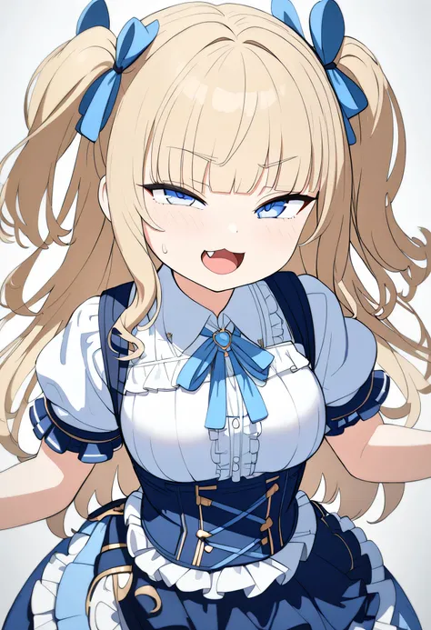 (ultra-detailed),( cute girl,loli:1.4),( white blouse:1.1),(Chest ribbon,navy blue corset skirt:1.1),( Light Blue Eyes , female ,Squint your eyes and laugh:1.5),Cat mouth,Fang,( blondes, Two Side Up ,blunt bangs:1.1), very big breasts,Big thighs, cowboy s...
