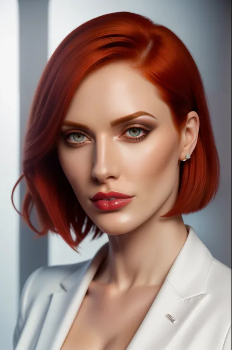 high quality,resolution:8k,realistic,Carolyn Dunn,red hair,bobcut,beautiful detailed eyes,beautiful detailed lips,white suit,pencil skirt,high heels,vivid colors,portraits,studio lighting