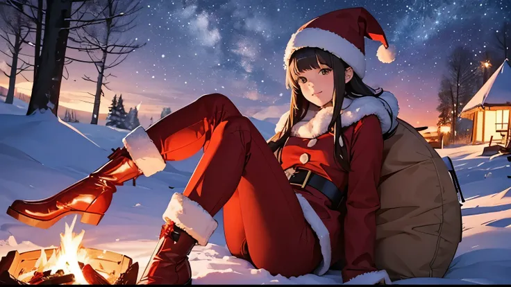 It is a winter night in a field with many stars shining. A young woman with long hair, dressed in a Santa Claus costume of red hat, red short coat, red miniskirt, red half pants, and long red boots, sits in front of a campfire. Her joyful appearance is dep...