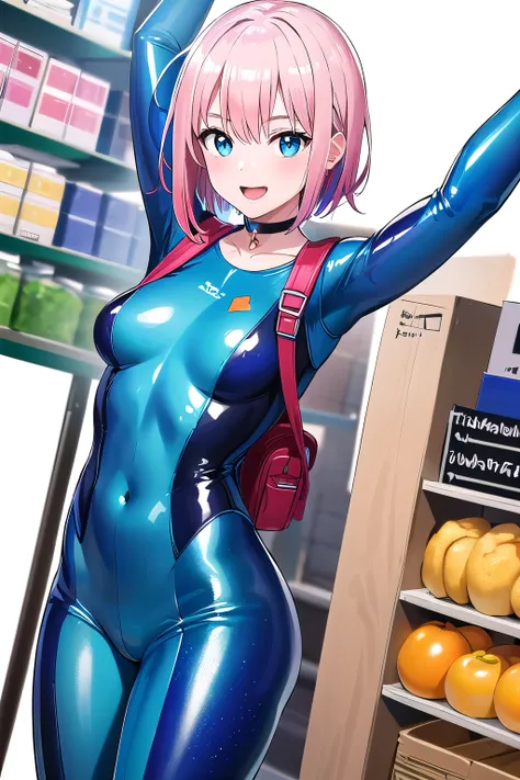 1girl,Samus aran,solo,blue eyes, pink hair, forehead hair, Rainbow glossy rubber suit, white sneakers, silver holographic backpack, short pixie haircut, bold red lipstick, silver choker necklace, chastity belt , playful and confident pose, bright and cheer...