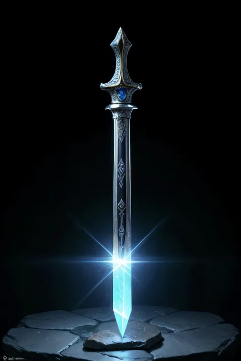 A majestic sword set in a stone as in the legend of King Arthur with a black backdrop. 