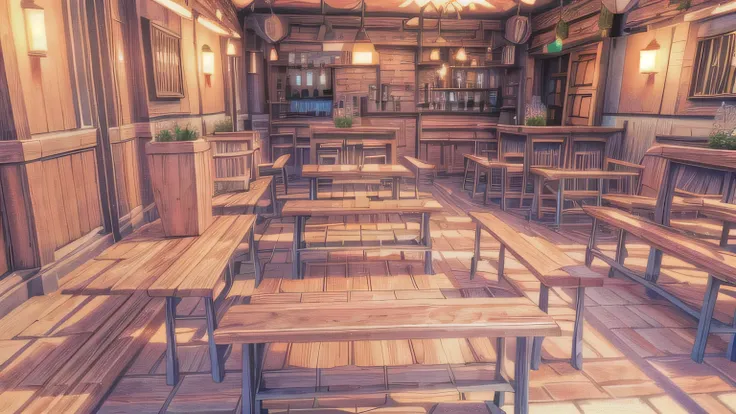  Inspired ambient occlusion rendering has many tables and benches in a restaurant with vases, One degree cozy pub ,   Tavern Background, 3D stylized scene,  Tavern Background, Market Environment, Medieval Tavern, Ray-traced 3D scenes,  fully detailed rende...