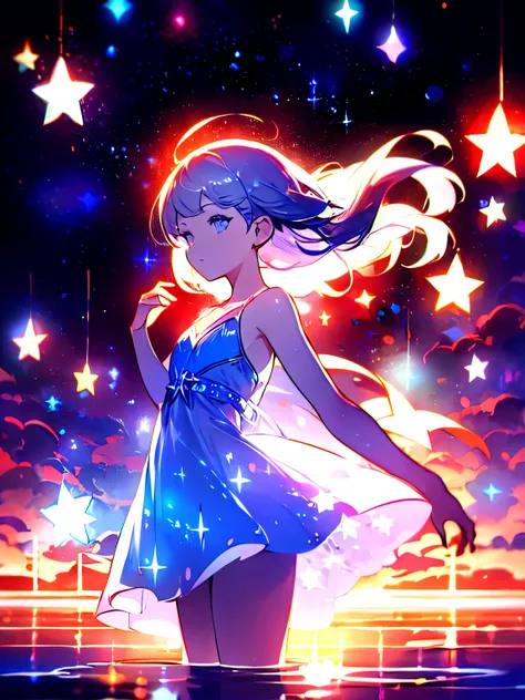 Silhuette of a ballerina, dress, Starry, water, sky, night, glowing, sparkle, Star, night sky, backlighting, light particles, floating hair, anime style, dark ultra long hair, absurdres, ultra detailed, masterpiece, best quality, aesthetic, detailed, high ...
