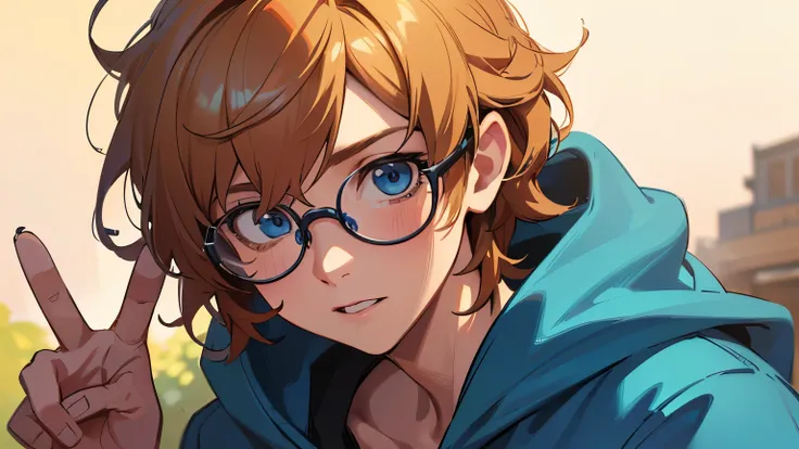 A bright, intelligent-looking anime-style male character, short shaggy blond hair with waves framing a curious bright blue-eyed face, wearing a casual blue hoodie and round glasses, giving a cheerful, approachable vibe, hands making a peace sign, conveying...