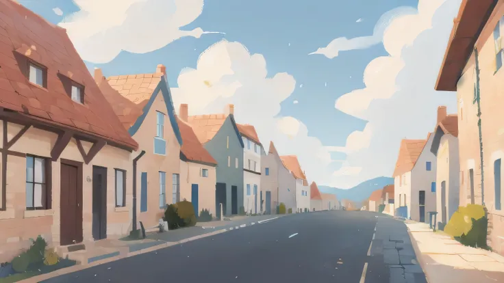  Middle Ages ，Small town，street， Sunny，Blue sky，White Cloud，Masonry Road ，Anime style，Color Block Painting