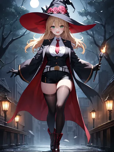 best quality, integrated scenery, integrated background, extremely delicate and beautiful, meticulous details, good composition, , cute face, perfect face, perfect hands,masterpiece, best quality, witch hat, black gloves, thighhighs, looking at viewer, smi...