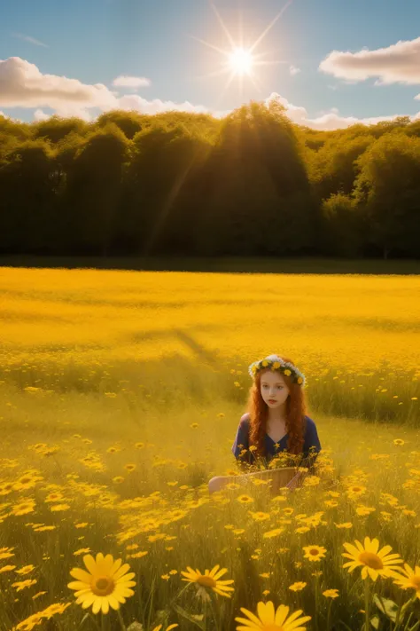 (girl:1.2),alone, (long ginger curly hair:1.1), brown eyes, Wearing a daisy wreath on your head, Sit in a daisy field, (fruit basket:1.1), blue shorts, red shirt,,raw,photographic,photo shadows,actual,Ridiculous,Aesthetic,elegant
