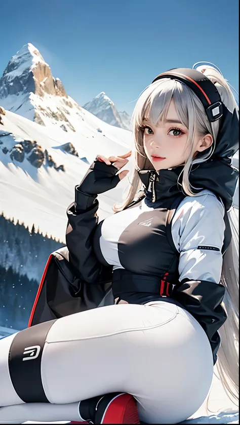  top quality , detailed face ,  cute face,  Masterpiece ,  lady, tight ski outfit, ski gloves, Snowy mountains in background, large breasts, slim waist, 