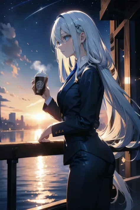 (masterpiece), (best quality), ultra detailed, finely detailed color, cenematic painting, bishoujo, ((one lady)), teenager, cute face, white hair, absurdly long hair, straight hair, ((deep blue eyes:1.5)), (drinking coffee:1.4), ((business suit:1.5)), blac...