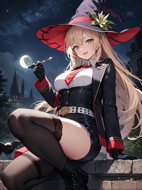 best quality, integrated scenery, integrated background, extremely delicate and beautiful, meticulous details, good composition, , cute face, perfect face, perfect hands,masterpiece, best quality, witch hat, black gloves, thighhighs, looking at viewer, smi...