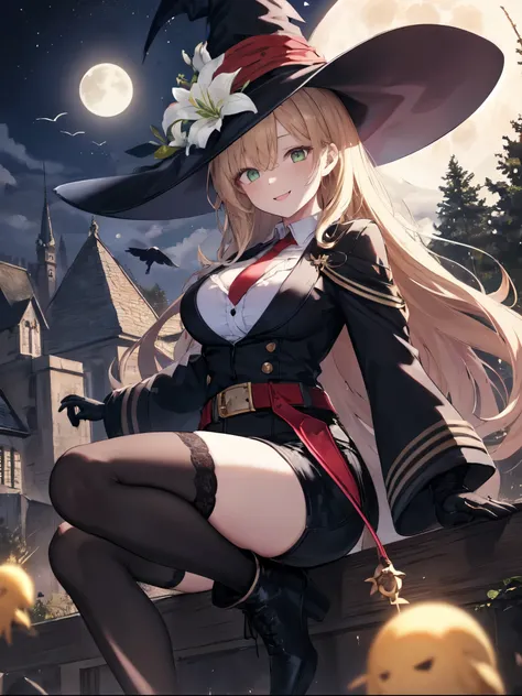 best quality, integrated scenery, integrated background, extremely delicate and beautiful, meticulous details, good composition, , cute face, perfect face, perfect hands,masterpiece, best quality, witch hat, black gloves, thighhighs, looking at viewer, smi...