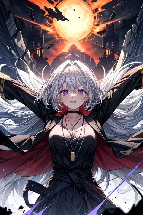 masterpiece, best quality, ultra high resolution, super fine illustration, 1 woman, waist-up perspective, showcasing her flowing purple long hair,  purple eyes, and (a wild smile expressing madness and excitement:1.4). She wears a tight black robe decorate...