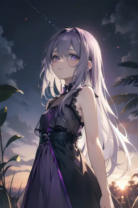 (masterpiece), (best quality), ultra detailed, finely detailed color, cenematic painting, bishoujo, ((one lady)), teenager, cute face, ((white hair)), absurdly long hair, straight hair, ((dark violet eyes:1.5)), (party dress), black dress, sleeveless, ((su...