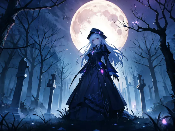  necromancer　Graveyard Background　Moonlit Night　woman