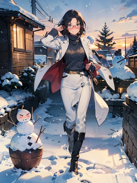 anime - style illustration of a woman in a ultra fit knit sweater:1.5, long white coat, long boots, anime character, official character art, feminine, full body, female anime girl, parted bangs, glasses, (tanned:1.0), crazy snowman:1.5, looking at viewer, ...