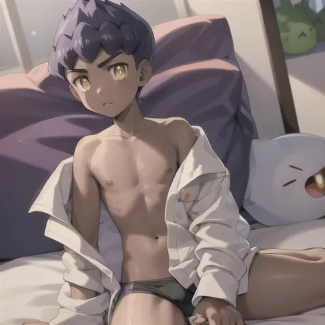 masterpiece,   top quality ,  {{One boy , hop (  Pokémon), Purple Hair,    short hair,   yellow eyes, Dark Skin,  , sigh,  take off my clothes