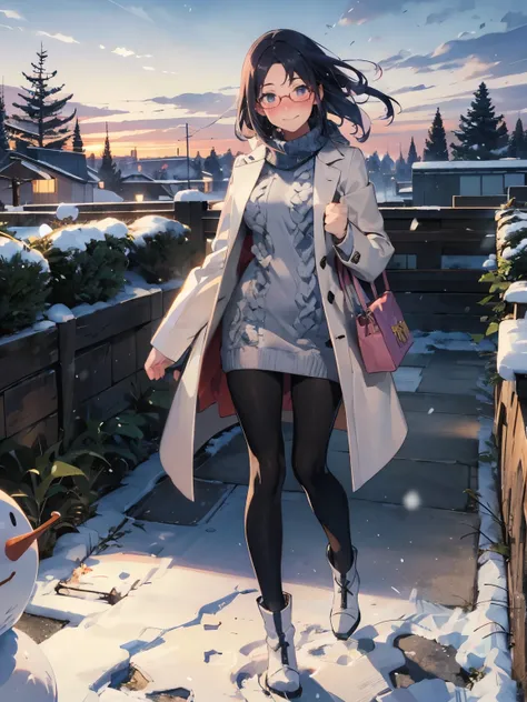 anime - style illustration of a woman in a ultra fit knit sweater:1.5, long white coat, long boots, anime character, official character art, feminine, full body, female anime girl, parted bangs, glasses, (tanned:1.0), crazy snowman:1.5, looking at viewer, ...