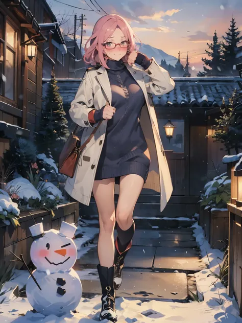 anime - style illustration of a woman in a ultra fit tiny knit sweater:1.5, long white coat, long boots, anime character, official character art, feminine, full body, female anime girl, parted bangs, glasses, (tanned:1.0), crazy snowman:1.5, looking at vie...