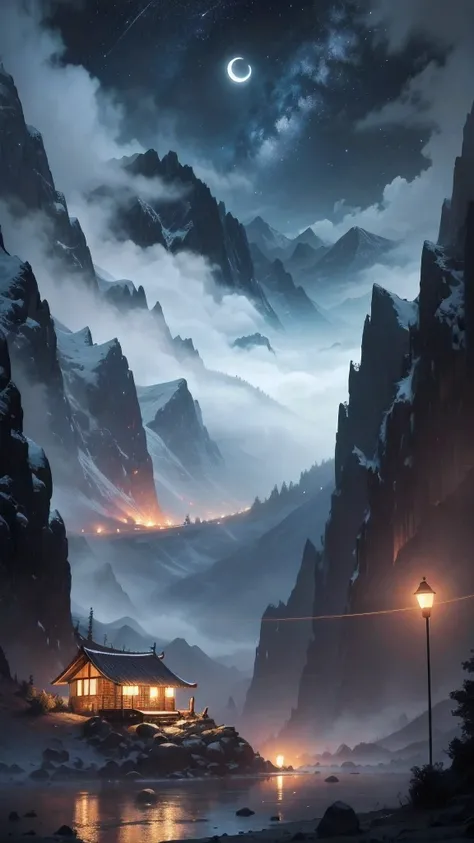 A valley of mountains at night . Its dark everywhere and moon is in the sky shining brightly. There is a hut within the large mountains in the heavy rainfall lighting red 