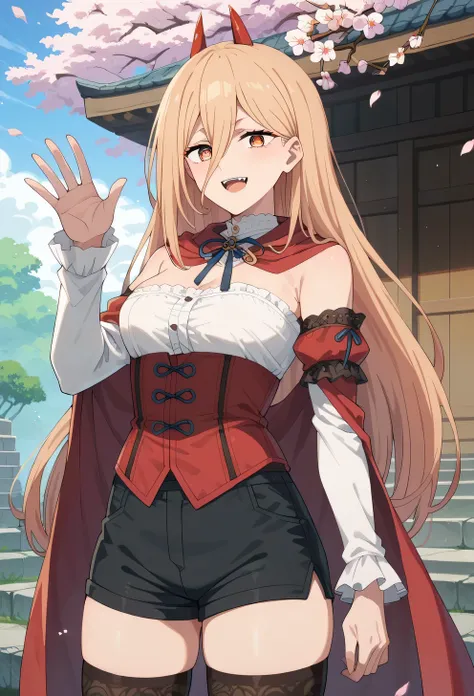 score_9, score_8_up, score_7_up, score_6_up, score_5_up, score_4_up, BREAK adult, 1girl, p0w3r0x1, long hair, blonde hair, red horns,demon pupils, detached sleeves, corset, black shorts, waist cape, black thighhighs, smile, open mouth, waving, standing, ...