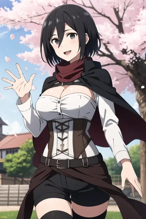 masterpiece, best quality, highres, hmmikasa, short hair, black eyes, red scarf, perfect face, detached sleeves, corset, black shorts, waist cape, black thighhighs, smile, open mouth, waving, standing, cowboy shot, cherry blossoms, outdoors,, BREAK Dynamic...