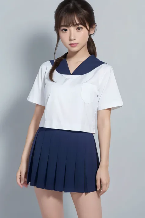 (​masterpiece, top quality , Ultra A High Resolution), Japanese woman holding breasts, A very beautiful 18-year-old girl, Innocent Girl、( Perfect Limbs 、Perfect human body),((Beaver)). cute japanese high school sailor suit、  short sleeve sailor suit  、  bu...