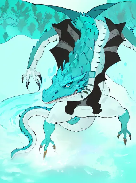 there is a blue dragon with a white face and a black tail, frost dragon, swamp monster of ice, water dragon, anthropomorphic alligator, water demon, serpentine water monster, as an anthropomorphic dragon, sci-fi crocodile alien, but as an anthropomorphic d...