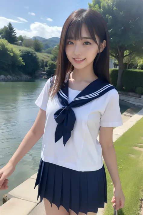 (masterpiece, top quality , Ultra A High Resolution), Japanese woman holding breasts, A very beautiful 18-year-old girl, Innocent Girl、( Perfect Limbs 、Perfect human body),((Beaver)). cute japanese high school sailor suit、 short sleeve sailor suit 、 bu...