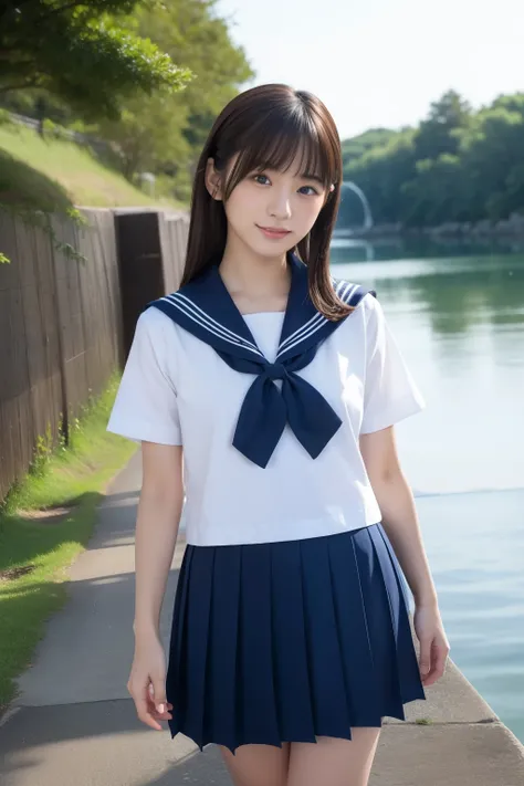 (masterpiece, top quality , Ultra A High Resolution), Japanese woman holding breasts, A very beautiful 18-year-old girl, Innocent Girl、( Perfect Limbs 、Perfect human body),((Beaver)). cute japanese high school sailor suit、 short sleeve sailor suit 、 bu...