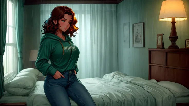 "A cozy and cinematic bedroom with a dark, rainy atmosphere featuring A woman medium boobs with short wavy auburn hair, wearing a lush green hoodie and fit jeans laying on the bed. The room is illuminated by moody neon lights in shades of warm orange and t...