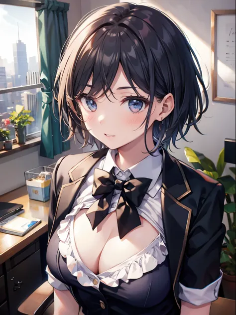 absurderes, high resolusion, (​masterpiece), best qualtiy, (perfect anatomia), highly detailed, anime illustrated, (deep depth of field)、bokeh dof, 1girl cleavage, large boob, short hair, black hair, Office Uniform, Office,Micro Mini Skirt smile, blush, NS...