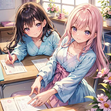 Create a sweet classroom moment between two students, focusing on the Japanese female protagonist at her desk. The scene should include floating heart bubbles, spring flowers on the windowsill, and soft sunbeams creating a magical atmosphere. Include delic...