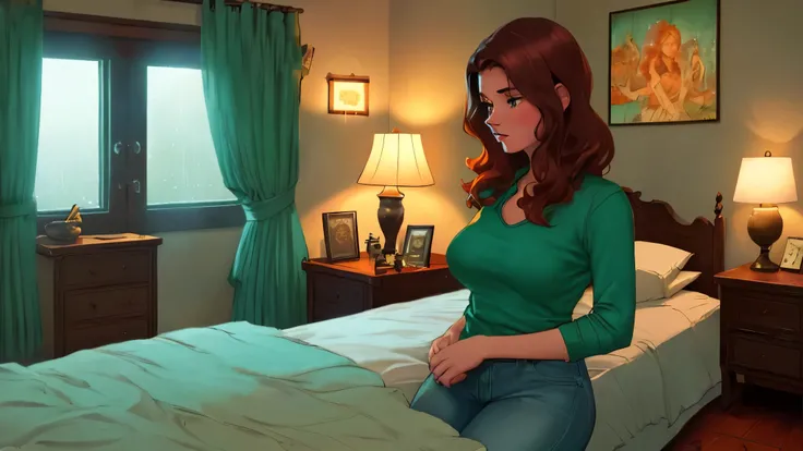 "A cozy and cinematic bedroom with a dark, rainy atmosphere featuring A woman medium boobs with short wavy auburn hair, wearing a lush green top and fit jeans laying on the bed. The room is illuminated by moody neon lights in shades of warm orange and teal...