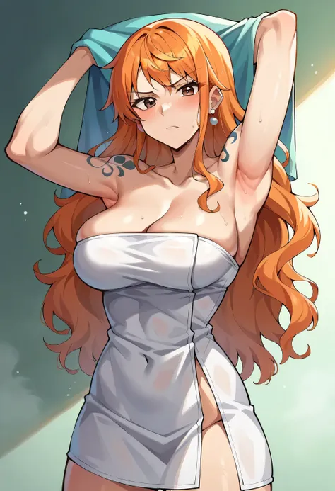 score_9, score_8_up, score_7_up, score_6_up, score_5_up, score_4_up, BREAK source_anime, nami_post, orange hair, long hair, wavy hair, side locks, brown eyes, large breasts, shoulder tattoo, adult, standing, neckline, Pecho enorme, clavicle, frown, towel, ...