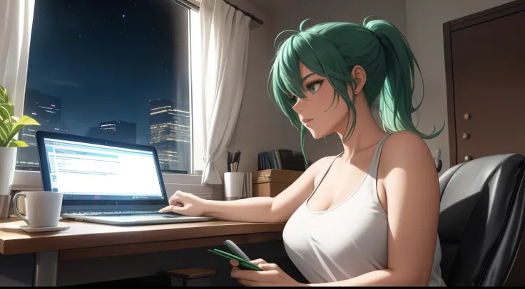 "A young woman with green hair tied in a ponytail is sitting in front of a computer screen, deeply focused on coding. The camera angle captures her from the side, showcasing her white tank top and black leggings. The desk is tidy, holding a steaming cup of...