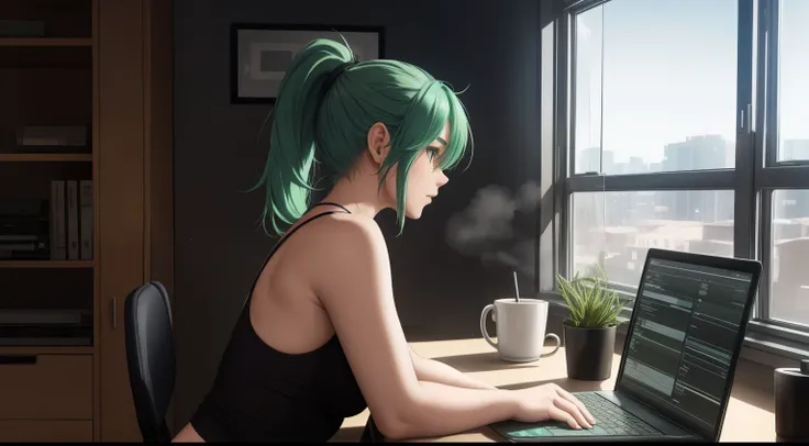 A young woman with green hair tied in a ponytail is sitting in front of a computer screen, deeply focused on coding. The camera angle captures her from the side, showcasing her white tank top and black leggings. The desk is tidy, holding a steaming cup of ...