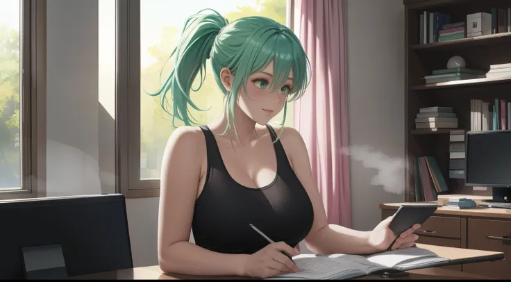 "A woman with pastel green and pink hair tied in a messy ponytail sits at her workspace, coding on a dual-monitor setup. She is wearing a black tank top and matching leggings, seated on a sleek gaming chair with pink accents. The room is dimly lit, illumin...