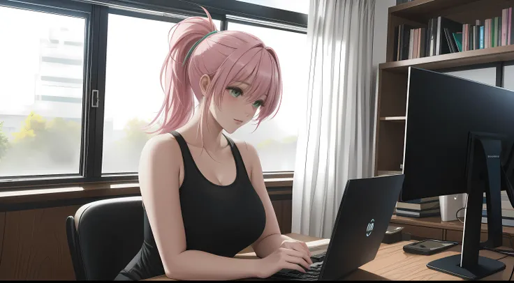 "A woman with pastel green and pink hair tied in a messy ponytail sits at her workspace, coding on a dual-monitor setup. She is wearing a black tank top and matching leggings, seated on a sleek gaming chair with pink accents. The room is dimly lit, illumin...