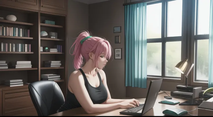 "A woman with pastel green and pink hair tied in a messy ponytail sits at her workspace, coding on a dual-monitor setup. She is wearing a black tank top and matching leggings, seated on a sleek gaming chair with pink accents. The room is dimly lit, illumin...