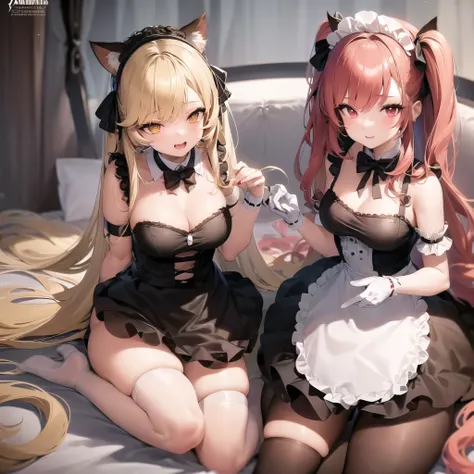 anime - style image of a woman in a maid outfit posing on a bed, anime cat girl in a maid costume, fine details. girls frontline, from girls frontline, anime girl in a maid costume, cosplay of a catboy! maid! dress, wlop and sakimichan, from arknights, cap...