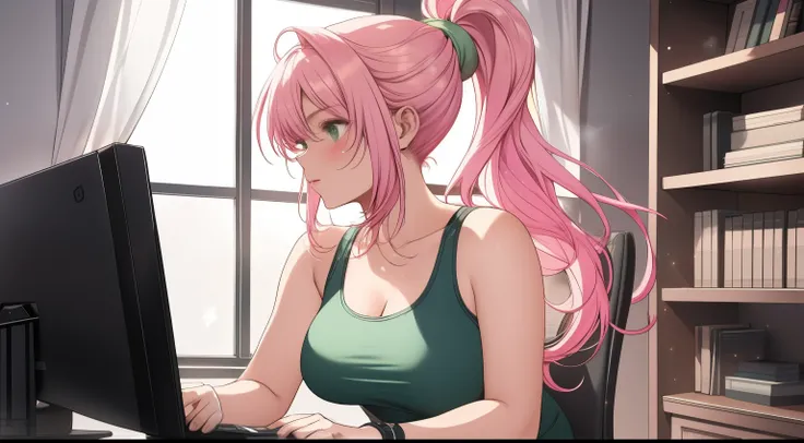 "A woman with pastel green and pink hair tied in a messy ponytail sits at her workspace, coding on a dual-monitor setup. She is wearing a black tank top and matching leggings, seated on a sleek gaming chair with pink accents. The room is dimly lit, illumin...