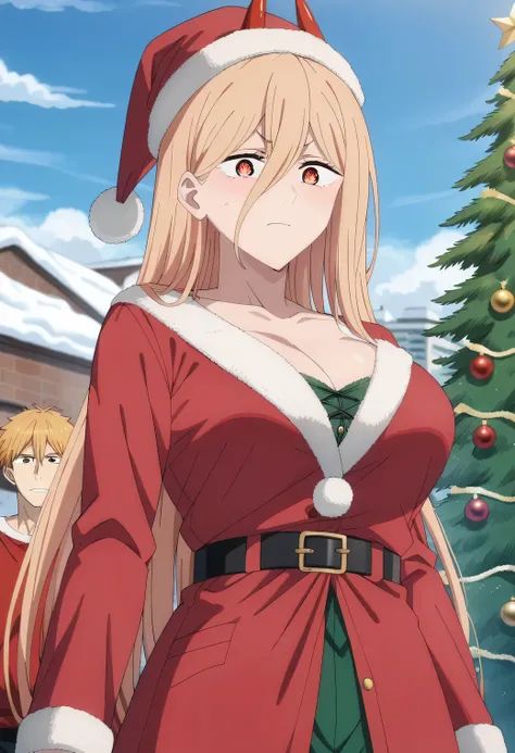 1girl, p0w3r0x1, long hair, blonde hair, red horns,demon pupils,  CLEAVAGE, holiday theme, holiday costume, winter, outdoor, christmas tree, santa claus costume, santa claus hat