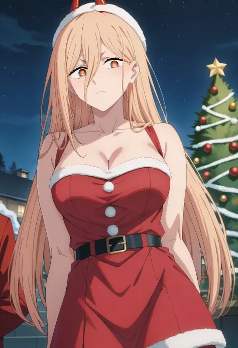 1girl, p0w3r0x1, long hair, blonde hair, red horns,demon pupils, CLEAVAGE, holiday theme, holiday costume, winter, outdoor, christmas tree, santa claus costume, santa claus hat